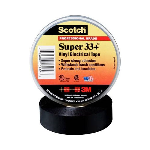 3M 80014001020. Bandfarbe: Schwarz, Band-Zweck: Insulating, Reparatur, Material: Vinyl. Bruchdehnung: 250%, Minimale Betriebstemperatur: -18 °C, Maximale Betriebstemperatur: 105 °C. Länge: 33 m, Breite: 25 mm, Dicke: 0,18 mm (SUPER33+-25X33 afbeelding 1