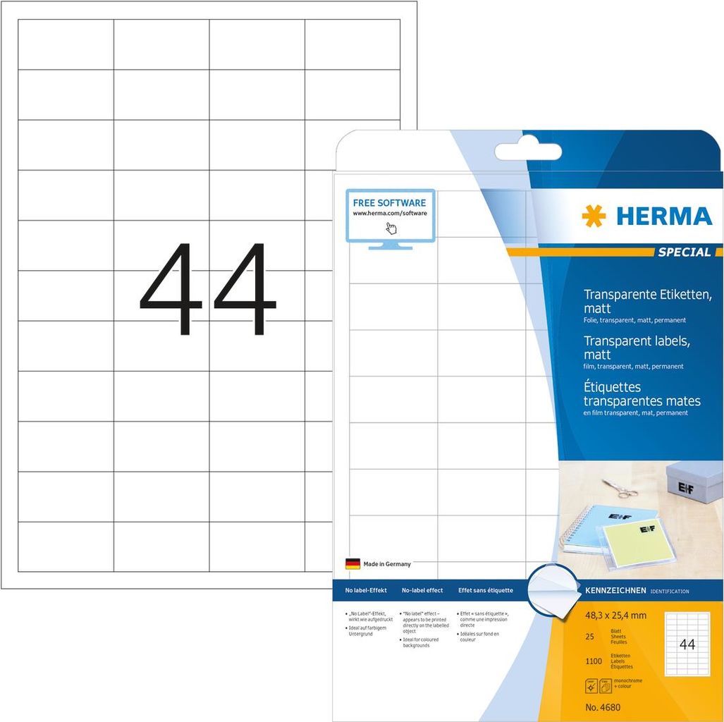 HERMA SuperPrint Transparent Foil Labels, 25.4 x 48.3 mm, 1100 pcs. (4680)