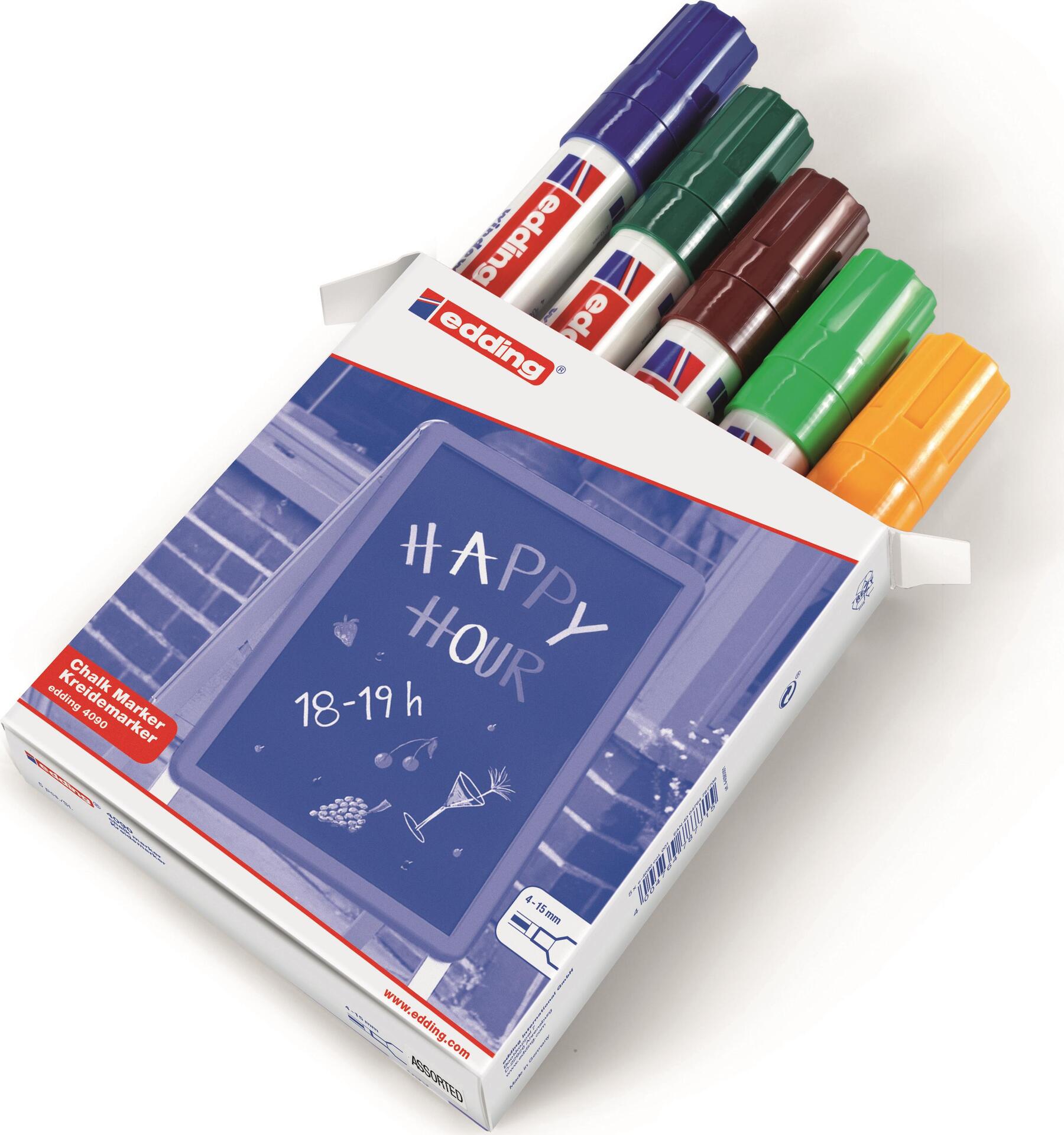 Edding 4090 Chalk Marker - Blue, Brown, Green, Orange - 5 Pieces (4-4090099)