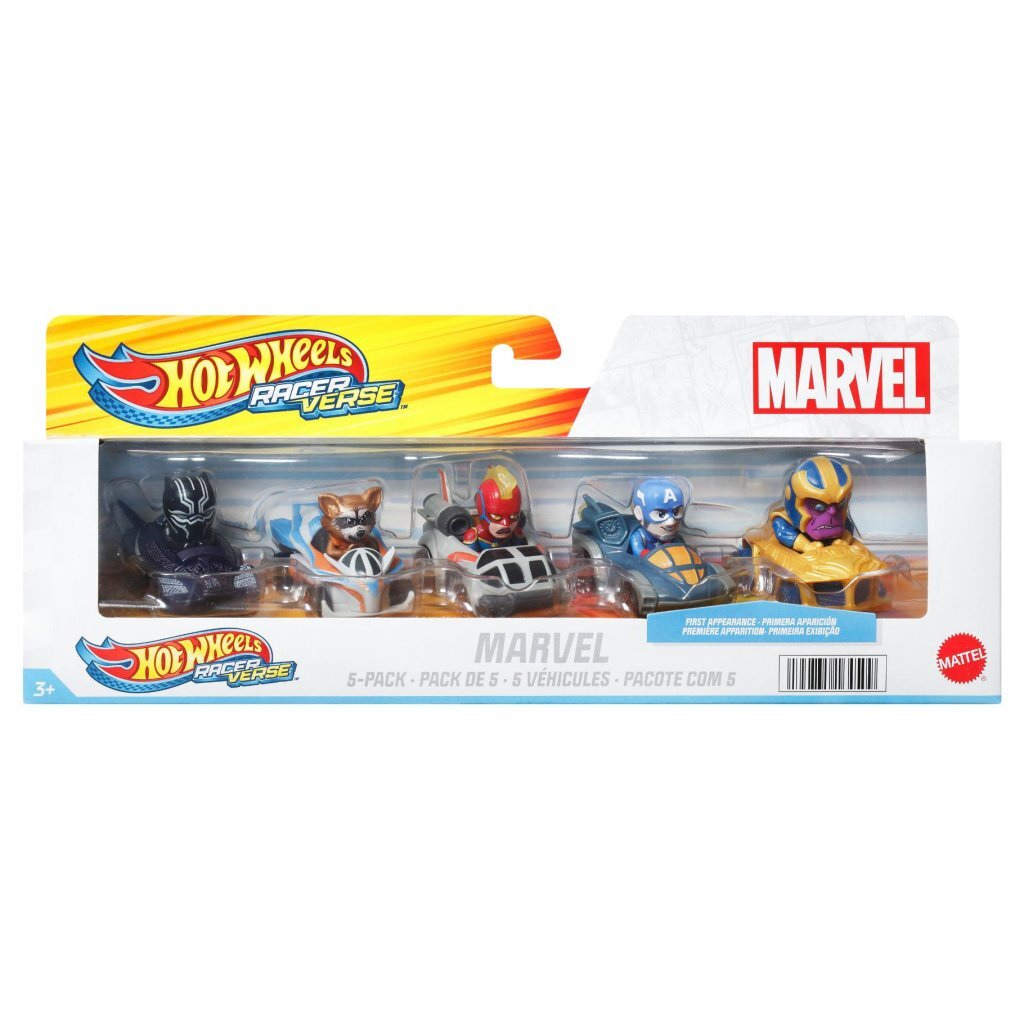 Hot Wheels Marvel Racers 5-Pack with Rocket, Black Panther, Captain Marvel, Captain America and Thanos