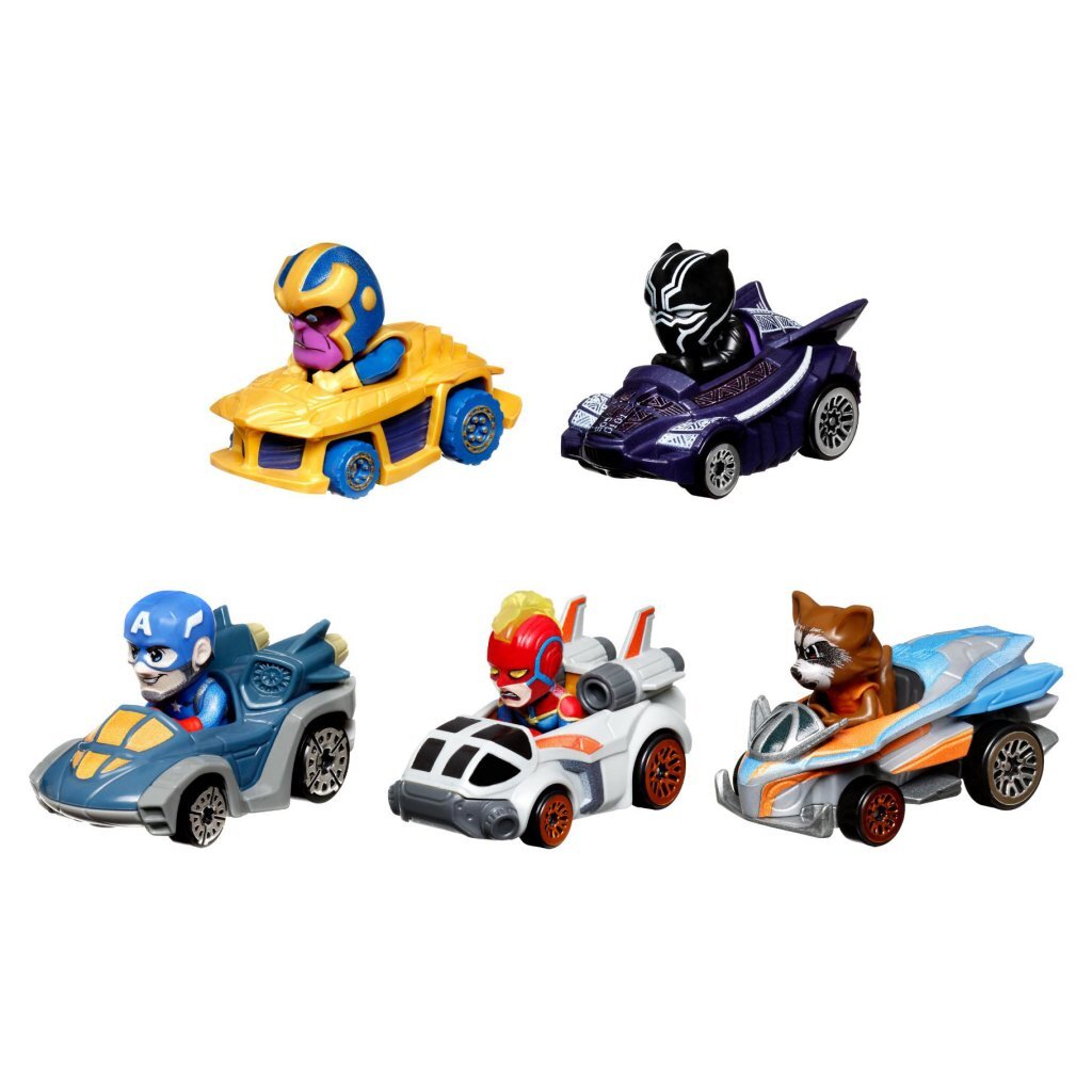 Hot Wheels Marvel Racers 5-Pack with Rocket, Black Panther, Captain Marvel, Captain America and Thanos