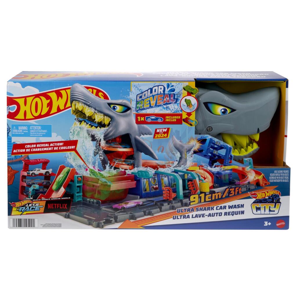 Hot Wheels City Ultra Shark Car Wash Playset with Color Change Vehicle