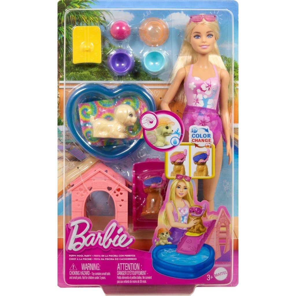 Barbie Family Puppy Pool Party Playset with Doll and Accessories