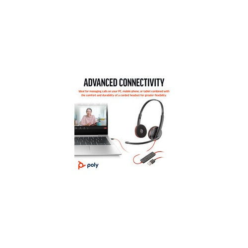 Poly Blackwire 3220 - Blackwire 3200 Series - Headset - On-Ear - kabelgebunden - aktive Rauschunterdrückung - USB-C - Schwarz - Zertifiziert für Skype für Unternehmen, Avaya Certified, Cisco Jabber Certified, UC-zertifiziert (8X2J9A6) afbeelding 1