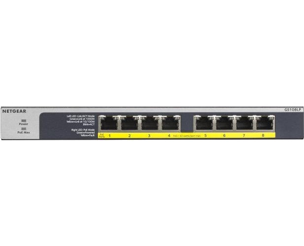 NETGEAR GS108LP - Switch - 8 x 10/100/1000 (PoE+) - Desktop, an Rack montierbar, wandmontierbar - PoE+ (60 W) - Gleichstrom (GS108LP-100EUS) afbeelding 1