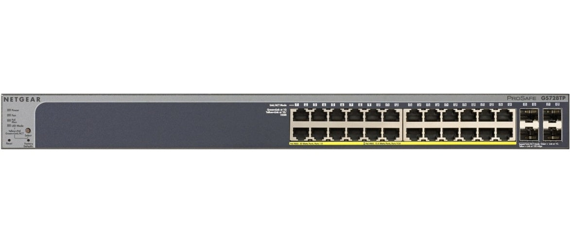 NETGEAR Smart GS728TP - Switch - L3 Lite - Smart - 16 x 10/100/1000 (PoE) + 8 x 10/100/1000 (PoE+) + 4 x SFP - an Rack montierbar - PoE+ (192 W) (GS728TP-300EUS) afbeelding 1
