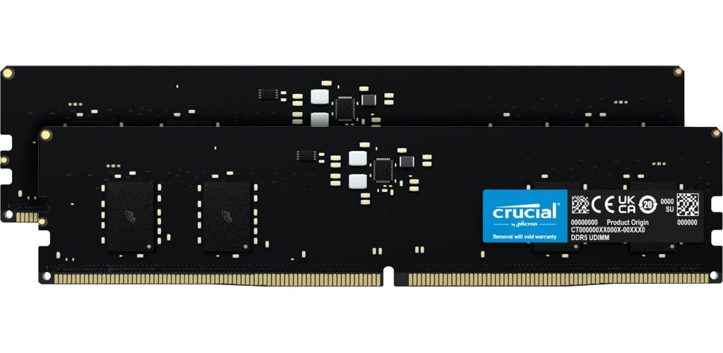 Crucial 16GB 2x8GB DDR5-5600 CL46 RAM Arbeitsspeicher Kit - 16 GB - DDR5 -  16 GB (RAM-Module: 2 Stück)  DDR5-RAM 5600 MHz  CAS Latency (CL) 46  Anschluss:288-pin - Spannung:1,1 Volt  Besonderheiten: Intel-XMP-Unterstützung (CT2K8G56C4 afbeelding 1