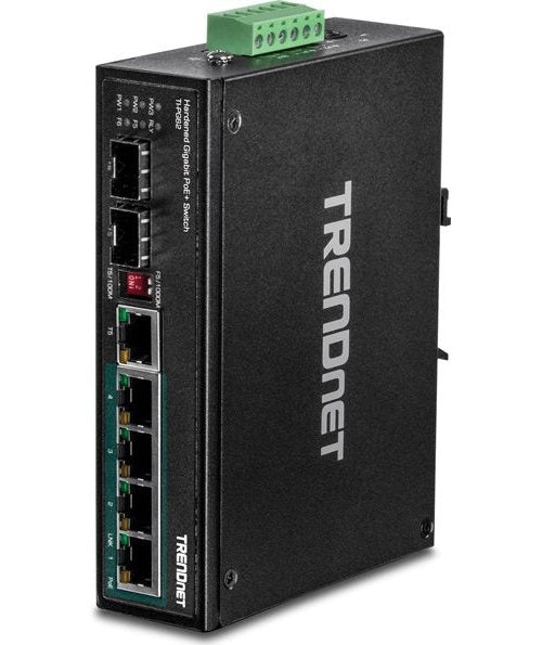 TRENDnet TI-PG62 - Switch - nicht verwaltet - 4 x 10/100/1000 (PoE+) + 1 x Shared Gigabit SFP + 1 x Gigabit SFP + 1 x Shared 10/100/1000 - an DIN-Schiene montierbar, wandmontierbar - PoE+ (120 W) - AC 100 - 240 V (TI-PG62) afbeelding 1