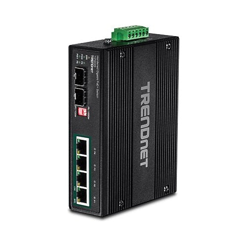 TRENDnet TI-PG62B - Switch - nicht verwaltet - 4 x 10/100/1000 (PoE+) + 2 x Gigabit SFP - an DIN-Schiene montierbar, wandmontierbar - PoE+ (120 W) - Gleichstrom (TI-PG62B) afbeelding 1