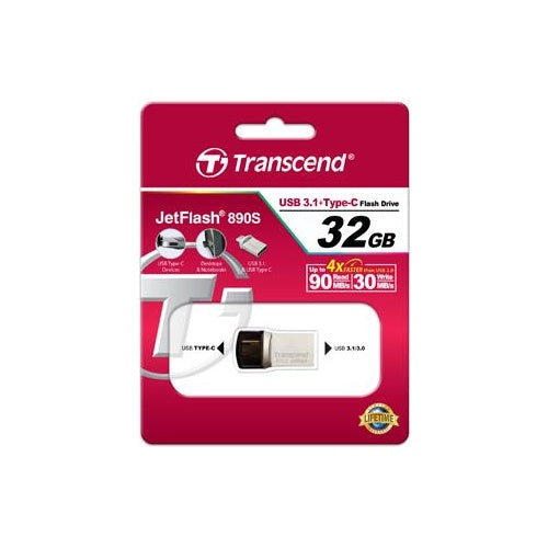 Transcend 890 32GB JetFlash - 32 GB - USB 3.1/USB 3.0 - Kappe - Schwarz - Grau - CE - FCC - BSMI - 1,43 cm (TS32GJF890S) afbeelding 1