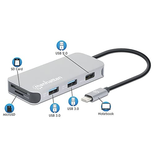 MANHATTAN USB-C 8-in-1-Dockingstation mit Power Delivery USB 3.2 Gen 1 Typ C-Stecker auf HDMI-Buchse (4K@30Hz), drei USB-A Ports (bis zu 5 Gbit/s), Gigabit-RJ45-Port, USB-C Power Delivery-Port (100 W), SD/MicroSD-Kartenleser, Aluminium, Spa afbeelding 2