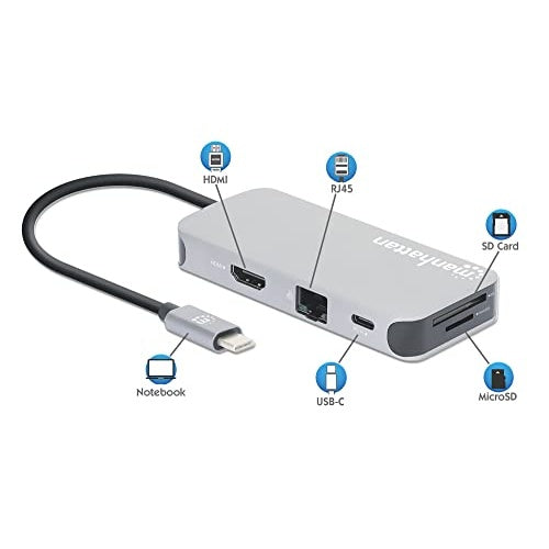 MANHATTAN USB-C 8-in-1-Dockingstation mit Power Delivery USB 3.2 Gen 1 Typ C-Stecker auf HDMI-Buchse (4K@30Hz), drei USB-A Ports (bis zu 5 Gbit/s), Gigabit-RJ45-Port, USB-C Power Delivery-Port (100 W), SD/MicroSD-Kartenleser, Aluminium, Spa afbeelding 3