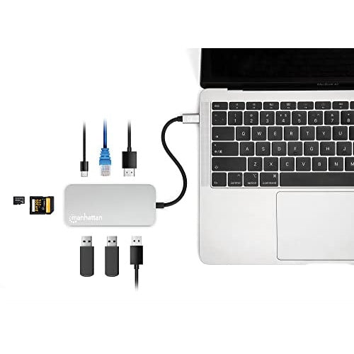 MANHATTAN USB-C 8-in-1-Dockingstation mit Power Delivery USB 3.2 Gen 1 Typ C-Stecker auf HDMI-Buchse (4K@30Hz), drei USB-A Ports (bis zu 5 Gbit/s), Gigabit-RJ45-Port, USB-C Power Delivery-Port (100 W), SD/MicroSD-Kartenleser, Aluminium, Spa afbeelding 4