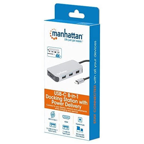 MANHATTAN USB-C 8-in-1-Dockingstation mit Power Delivery USB 3.2 Gen 1 Typ C-Stecker auf HDMI-Buchse (4K@30Hz), drei USB-A Ports (bis zu 5 Gbit/s), Gigabit-RJ45-Port, USB-C Power Delivery-Port (100 W), SD/MicroSD-Kartenleser, Aluminium, Spa afbeelding 5
