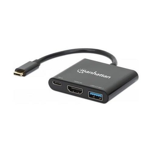 MANHATTAN USB-C auf HDMI 3-in-1 Docking-Konverter mit Power Delivery USB 3.2 Typ-C-Stecker auf HDMI (4K@30Hz), USB-A (5 Gbit/s) und USB-C PD (100 W) Buchsen, Multiport-Konverter mit Passthrough-Ladeanschluss, schwarz (130622) afbeelding 1