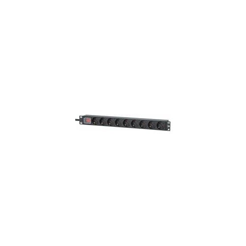 INTELLINET 48,30cm (19") 9-fach Steckdosenleiste / PDU, Schutzkontakt, 1 HE EU CEE 7/3-Steckdosen, integriertes 2 m Stromkabel mit EU CEE 7/7-Stecker, 16 A, Netzschalter, horizontale Montage, Aluminium, schwarz (715133) afbeelding 1