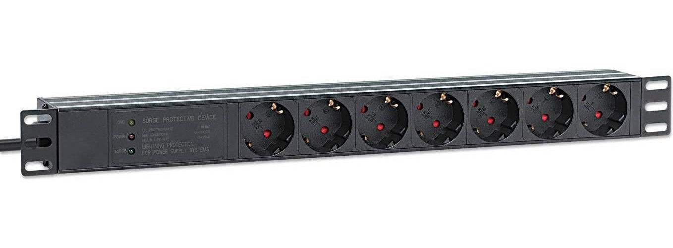 INTELLINET 48,30cm (19") 7-fach Steckdosenleiste / PDU, Schutzkontakt, 1 HE, mit Überspannungsschutz EU CEE 7/3-Steckdosen, 500 Joule/19.500 A Überspannungsschutz, integriertes 3 m Stromkabel mit EU CEE 7/7-Stecker, 16 A, horizontale Montag afbeelding 1