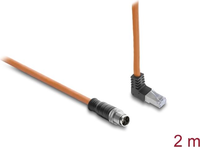 Delock M12 Cable X-coded 8 Pin Straight Plug to RJ45 Plug Right Angle S/FTP Shielded 2 m Orange (81000)
