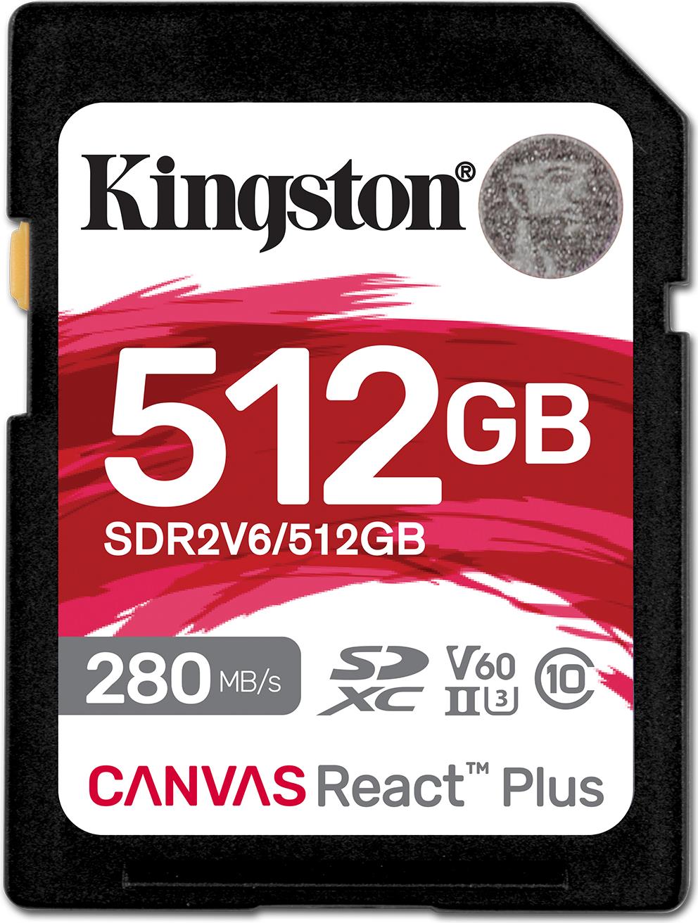 Kingston Canvas React Plus - Flash Memory Card - 512GB - Video Class V60/ UHS-II U3 - SDXC UHS-II (SDR2V6/512GB) Class10