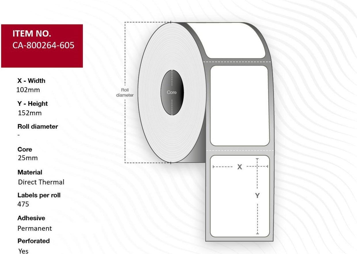 Capture Label 102 x 152 mm, Core 25 mm, Permanent, Perforated, 475 labels per roll, 12 rolls per box (CA-800264-605)