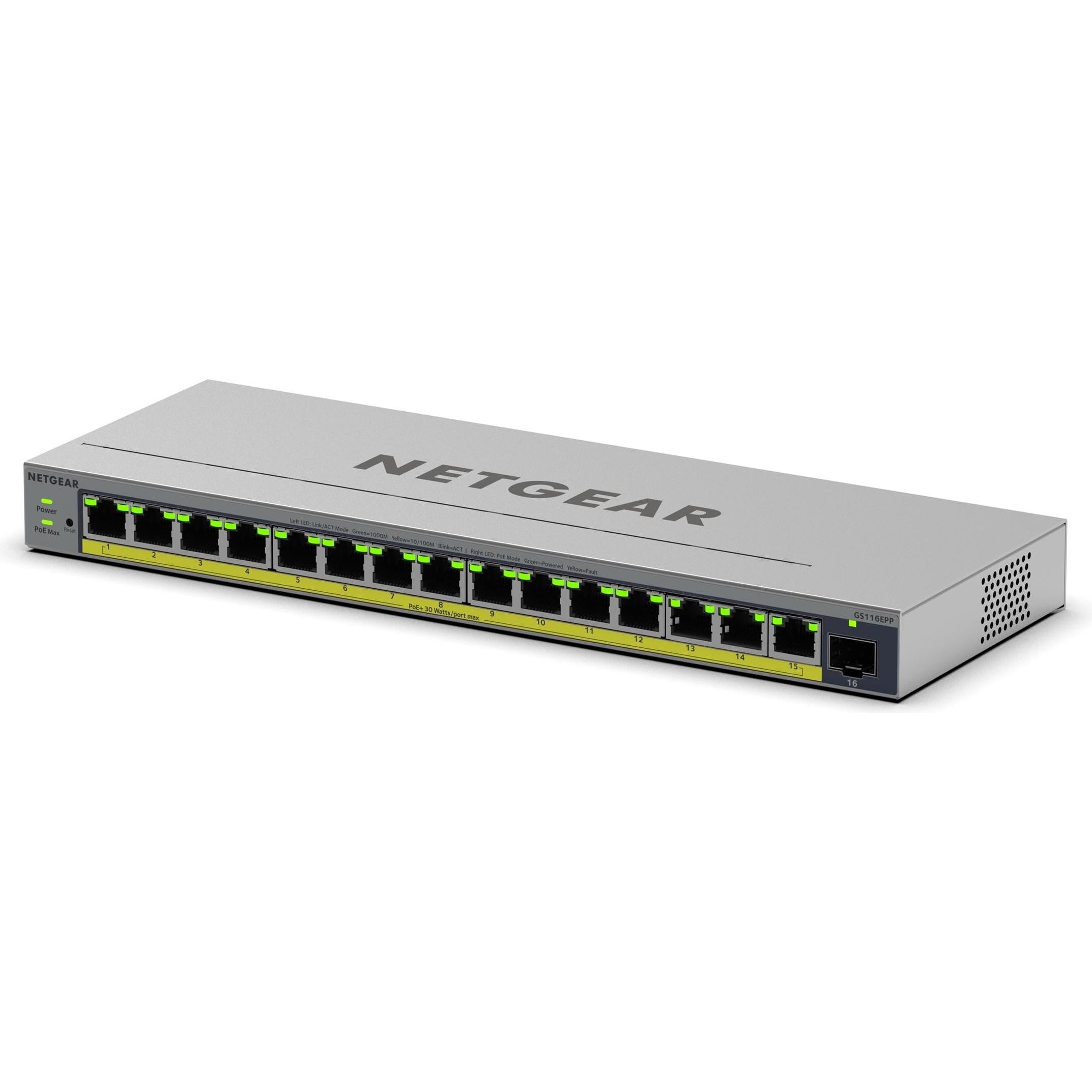 Netgear Easy Smart GS116EPP - Switch - L3 - Smart - 1 x 10/100/1000 + 15 x 10/100/1000 (PoE+) (GS116EPP-100EUS)