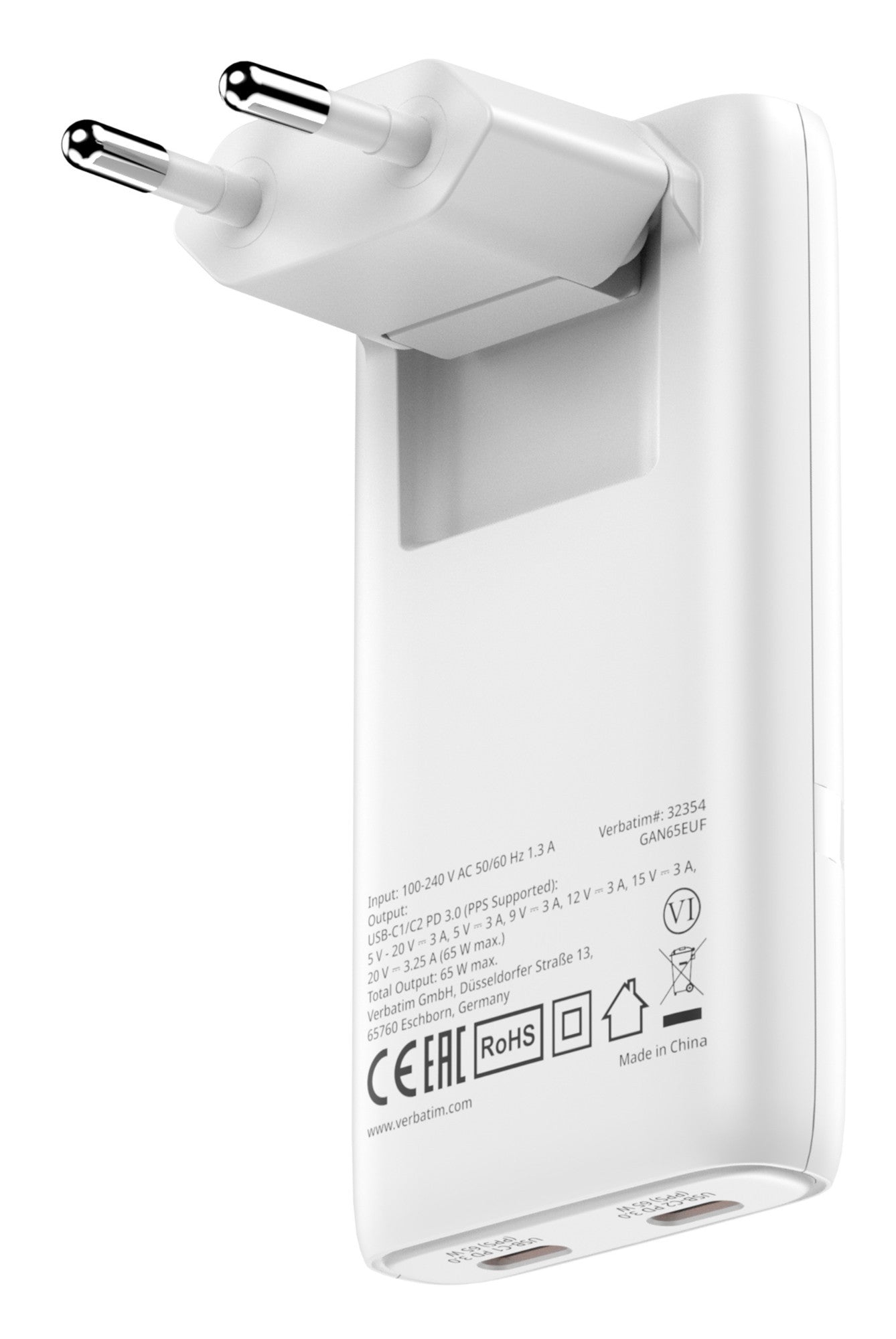 Verbatim GaN III Fold´n´ Go Charger 2 Port 65W USB-C white (32355)