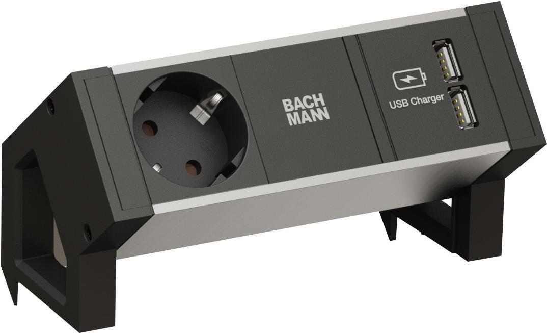 Bachmann DESK 2 ALU BLACK - Power Strip - Input, GST18 - Output: 1 (CEE 7/3,2 x USB) - 20 cm - Grey, Black