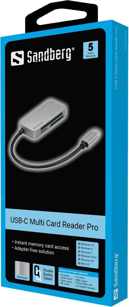 Sandberg USB-C Multi Card Reader Pro - Supports MMC, SD, xD, TransFlash, microSD, SDHC, SDXC, CFast