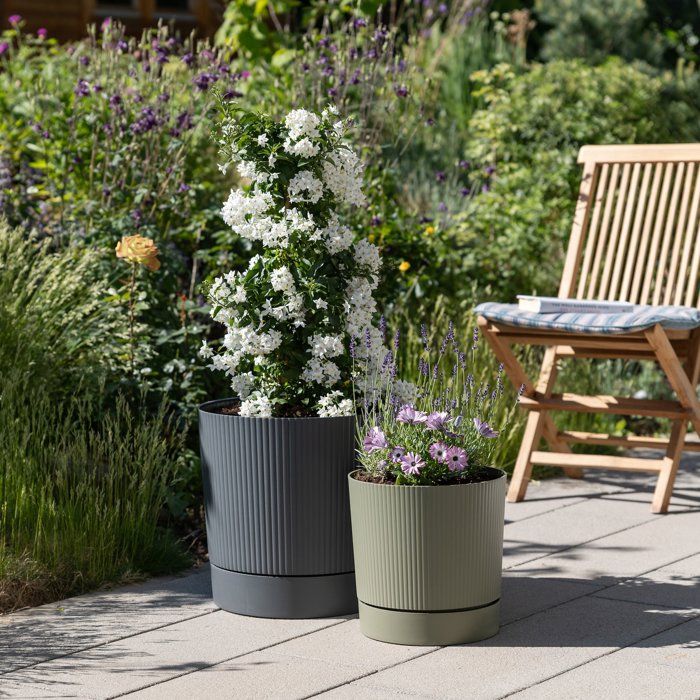 GARDEN ID Round Flower Pot with Reservoir - Lino - Ø 39 cm - 32 L - H 38 cm - Moss Green