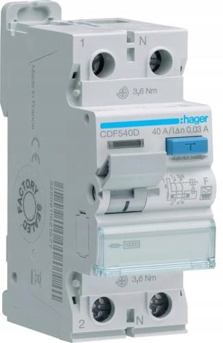 HAGER CDF540D Residual Current Circuit Breaker 2P 10kA 40A 30mA Type F (CDF540D)