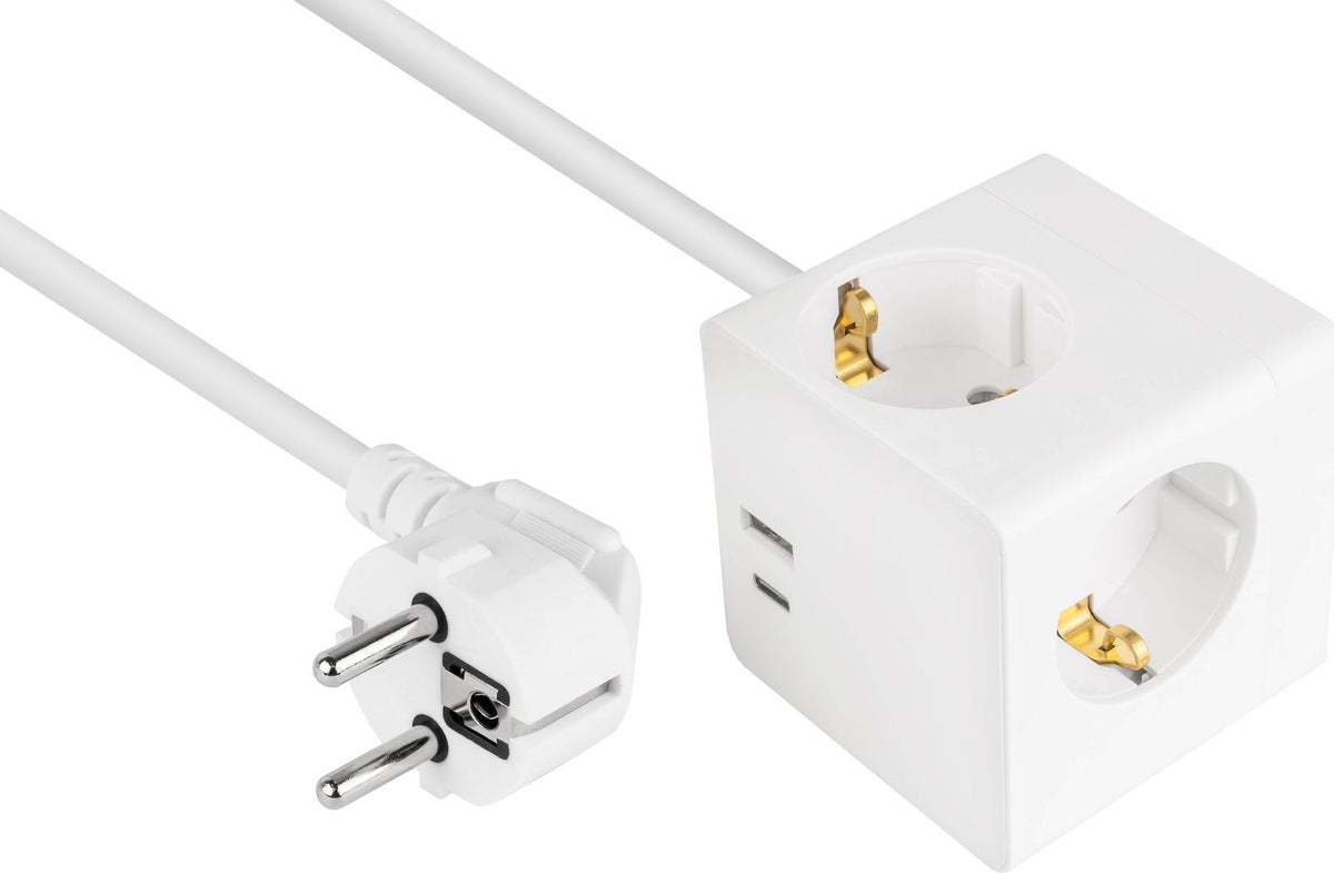 Kabelmeister Socket Cube with 2 m Cable, 3x Schuko Sockets, USB-C™ (20W, PD 3.0), USB-A (18W), White (SW01-W020)