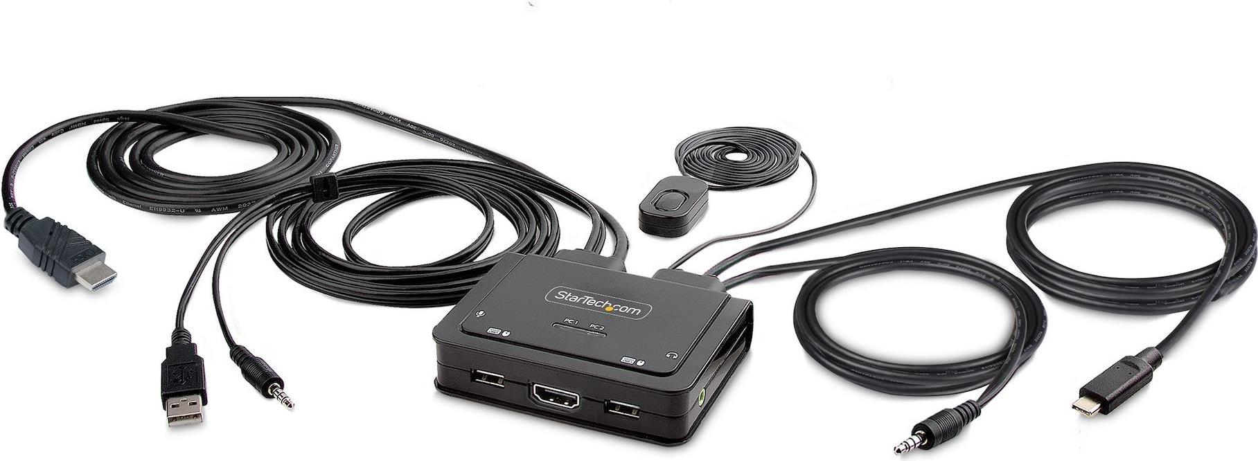 StarTech.com 2-Port Hybrid USB-C HDMI Cable KVM Switch, 4K 60Hz, Compact KVM with 6ft/1.8m USB-A/HDMI/Audio & 4ft/1.2m USB-C Integrated Host Cables, Bus Powered - Remote Push Button/Hotkey Switching (C2-H46-UAC-CBL-KVM) - KVM-/Audio-/USB-Sw
