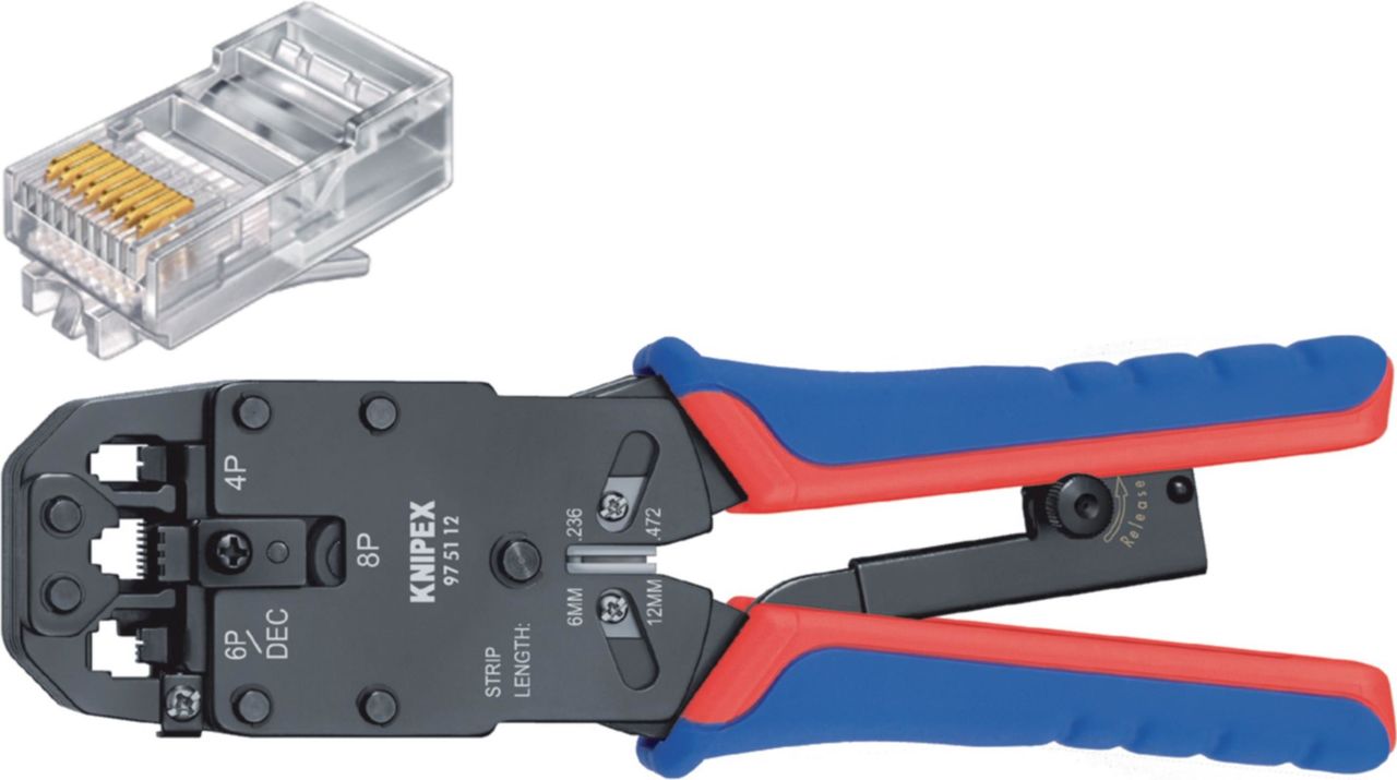 KNIPEX Crimpzange fuer Westernstecker, 97 51 12 SB 3 Nester: für RJ10 (4-polig) 7,65 mm, RJ11/12 (6-polig) 9,65 mm, RJ45 (8-polig) 11,68 mm, mit Ratsche (97 51 12 SB)
