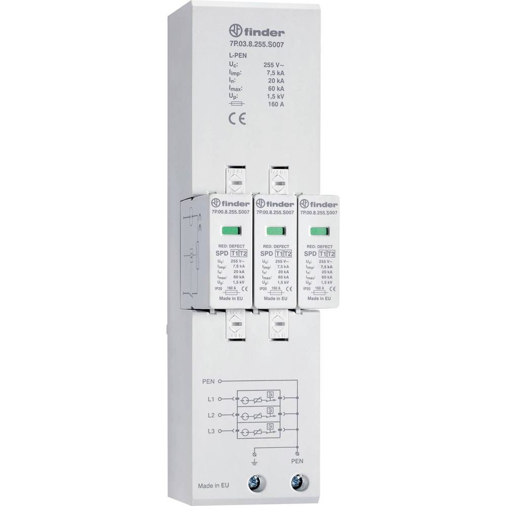 Finder 7P.03.8.255.S007 Combined Surge Arrester Type 1+2 - Three-Phase TN-C Networks