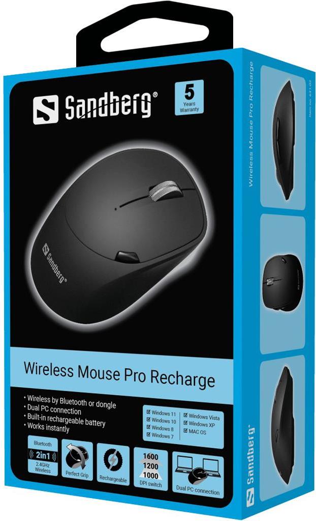 Sandberg Pro - Maus - optisch - 6 Tasten - kabellos - 2.4 GHz, Bluetooth 4.0, Bluetooth 5.0 - kabelloser Empfänger (USB) (631-02)