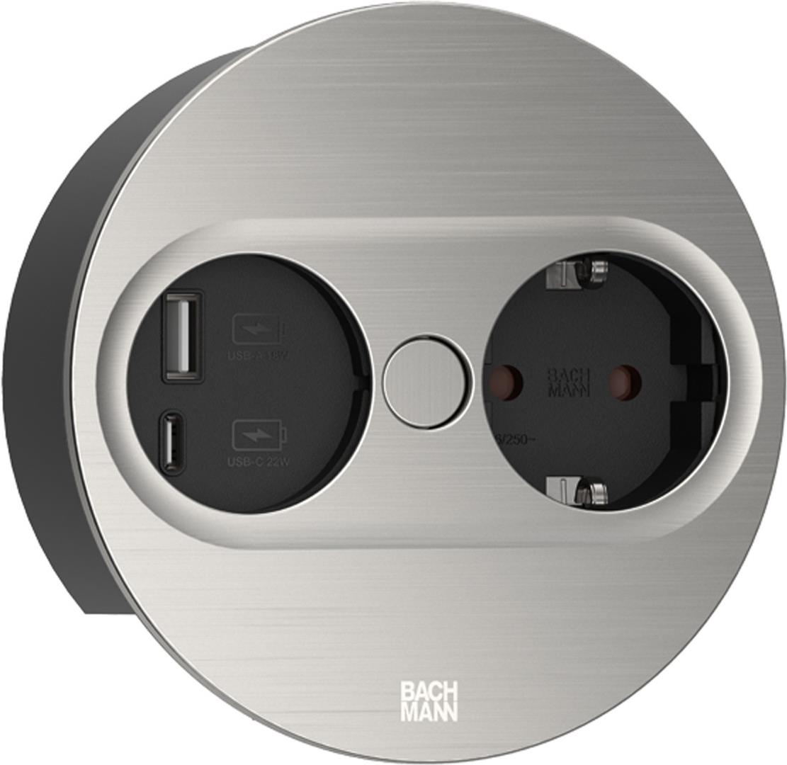 Bachmann TWIST 2 Metallische Abdeckscheibe rund, Edelstahl-Optik, 1xSchutzkontaktsteckdose schwarz mit erhöhtem Berührungsschutz, 1xUSB A/C 22W Charger, Zuleitung 2,0m H05VV-F3G1,5mm² schwarz mit Aderendhülsen und beigelegtem Schutzkontakt-