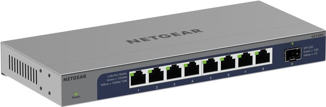 NETGEAR GS108X - Unmanaged Switch - 8 x 10/100/1000 + 1 x 10 Gb Ethernet SFP+ (Uplink) - Desktop, Wall-Mountable (GS108X-100EUS)