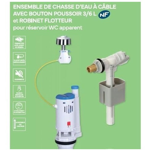 Kit de chasse d'eau - NOVOBAIN - Avec mécanisme et robinet - Débit 3/6L - Hauteur réglable (250 a 510 mm) - Accessoires inclus afbeelding 2