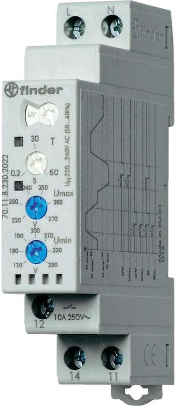 Finder Netzüberwachungsrelais 70.11.8.230.2022 70.11.8.230.2022 1-Phasen-Netzüberwachung (220 - 240 V/AC), Unterspannung (70.11.8.230.2022)