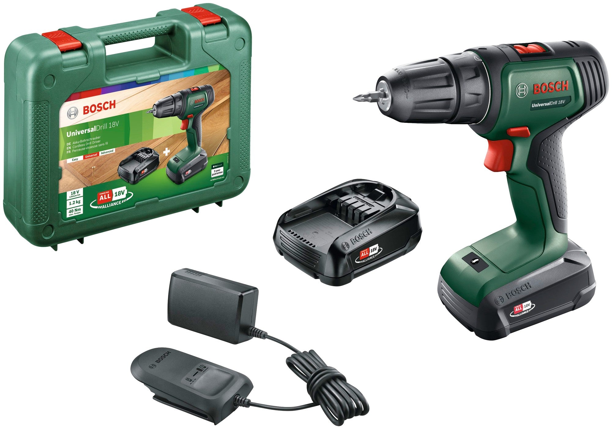 Bosch UniversalDrill 18 Cordless Drill/Screwdriver - 2 Speeds, 10 mm Chuck, 32 N·m - 18 V (06039D4002)