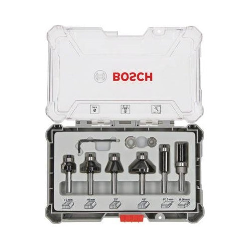 Bosch - Fräs-Bitsatz - für Sperrholz, Weichholz, Hartholz, mitteldichte Holzfaserplatte (MDF), Spanplatte - Chamfer, Round over, Flush Trim, Straight - 6 Stücke - 25 mm, 13 mm, 16 mm, 35 mm, 19 mm - Länge: 56 mm, 51 mm, 54 mm, 65 mm, 55 mm afbeelding 1