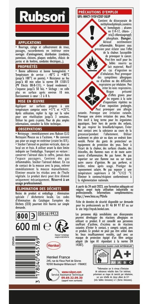 Aérosol mousse expansive coupe-feu - RUBSON - CF 90 - Protection incendie - Isolation polyvalente - 600 ml afbeelding 2