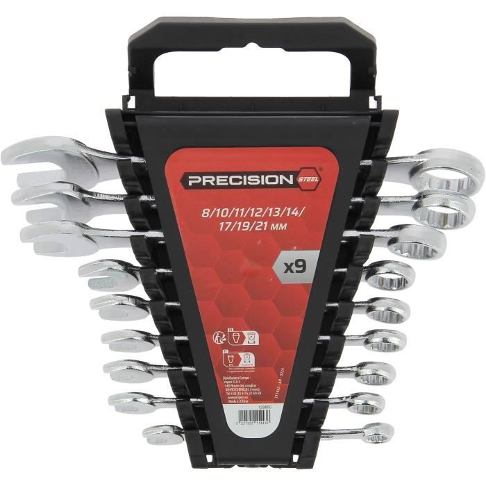 Set of 9 Combination Wrenches - 15° Angled Box Ends - 8 to 21 mm - Chrome Vanadium Steel
