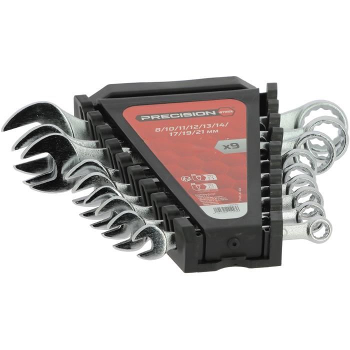 Set of 9 Combination Wrenches - 15° Angled Box Ends - 8 to 21 mm - Chrome Vanadium Steel