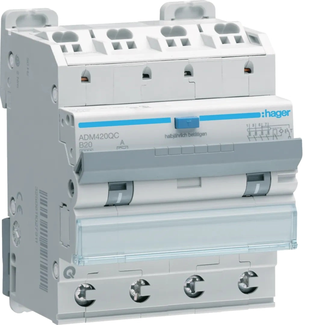 Hager ADM420QC FI-Leitungsschutzschalter 4P6kA B20A 30mA TypA - Fehlerstrom-Leitungsschutzschalter 4P 6kA B-20A 30mA Typ A QC/QB. Fehlerstrom-Leitungsschutzschalter nach DIN EN61009-1 (VDE 0664-20) mit Überlastschutz des Neutralleiters durc - 3250611027959 - afbeelding 1