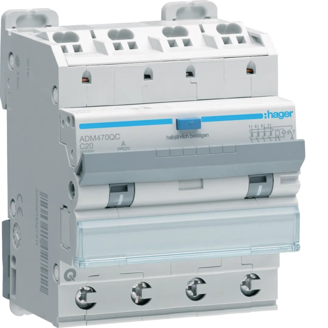 Hager ADM470QC FI-Leitungsschutzschalter 4P6kA C20A 30mA TypA - Fehlerstrom-Leitungsschutzschalter 4P 6kA C-20A 30mA Typ A QC/QB. Fehlerstrom-Leitungsschutzschalter nach DIN EN61009-1 (VDE 0664-20) mit Überlastschutz des Neutralleiters durc - 3250611028000 - afbeelding 1