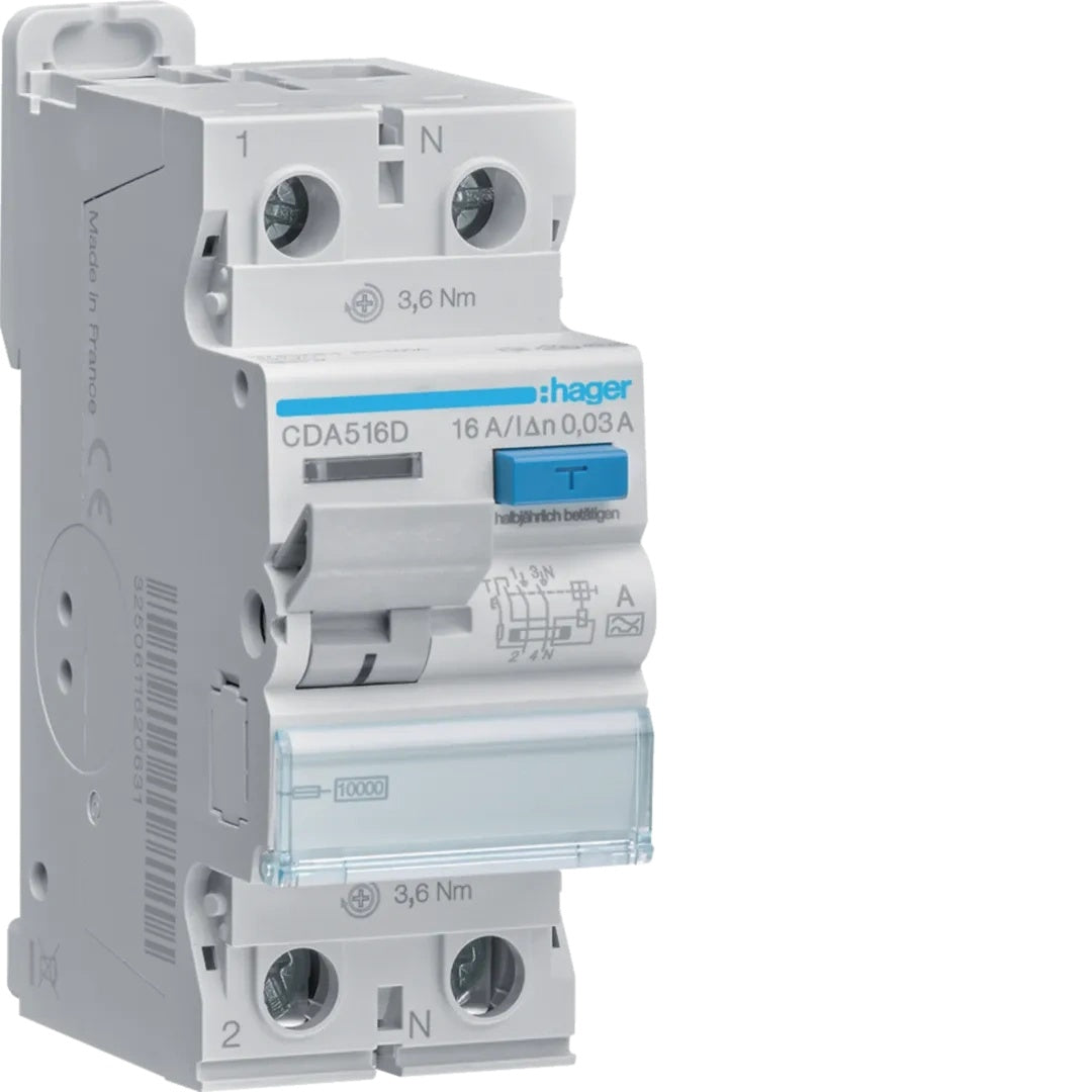 Hager CDA516D. Eingangsfrequenz: 50 Hz, Nennstrom: 16 A, Total power loss: 0,51 W. Schutzschaltertyp: Fehlerstromschutzschalter, Residual-current type: Typ A, Schaltleistung: 1250 A. Breite: 36 mm, Tiefe: 70 mm, Höhe: 85 mm (CDA516D) - 3250611620594 - afbeelding 1