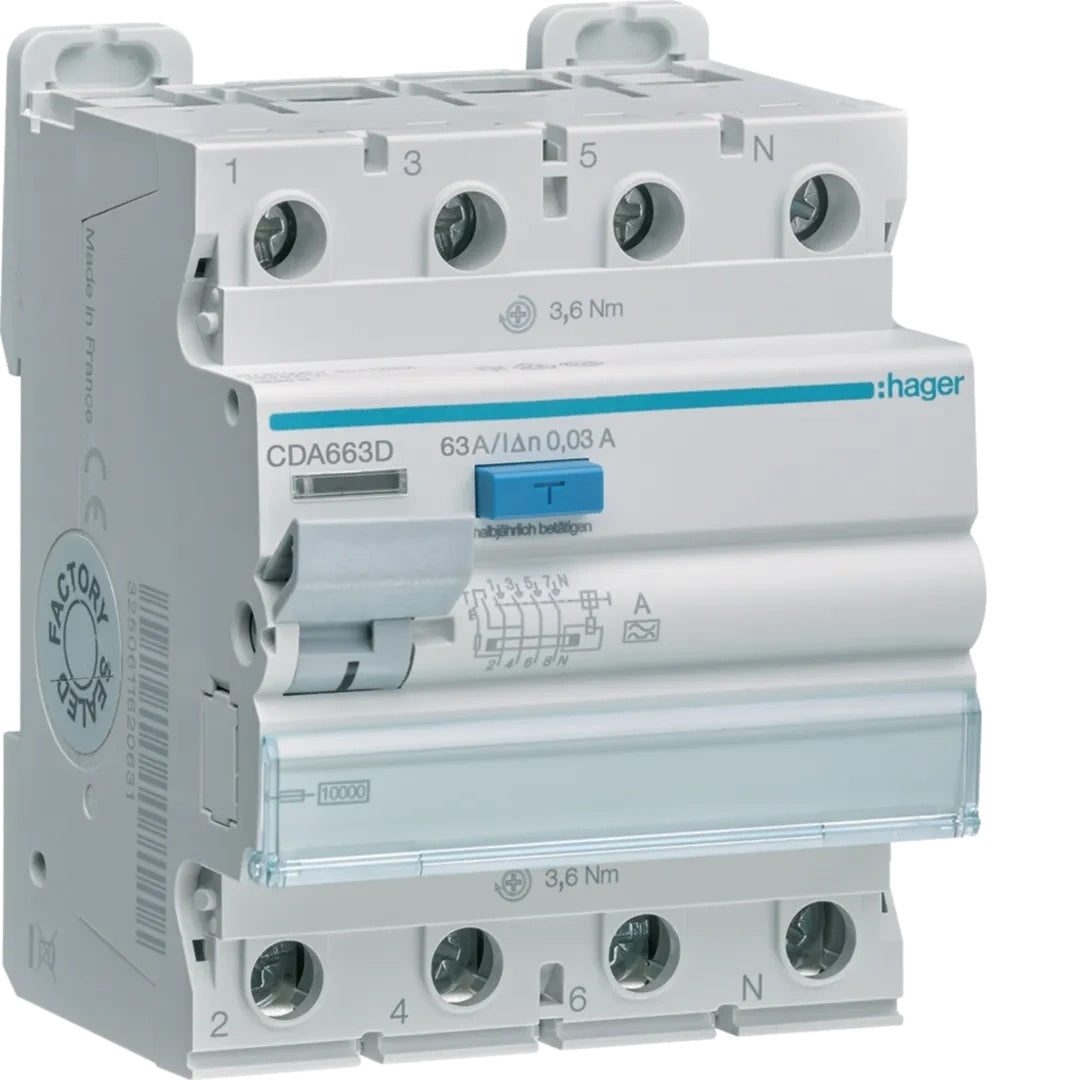 HAGER CDA663D FI-Schutzschalter 4P 10kA 63A 30mA TypA (CDA663D) - 3250611620655 - afbeelding 1
