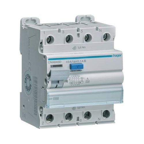 Hager CNA640D Fehlerstromschutzschalter 4p 10kA 40A 100mA S - Fehlerstromschutzschalter 4 polig 10kA 40A 100mA Typ S selektiv. Fehlerstrom-Schutzschalter (FI) nach DIN EN 61008-2-1 - VDE 0664 Teil 10 + 11 - Berührungsschutz IP2x nach DIN VD afbeelding 1
