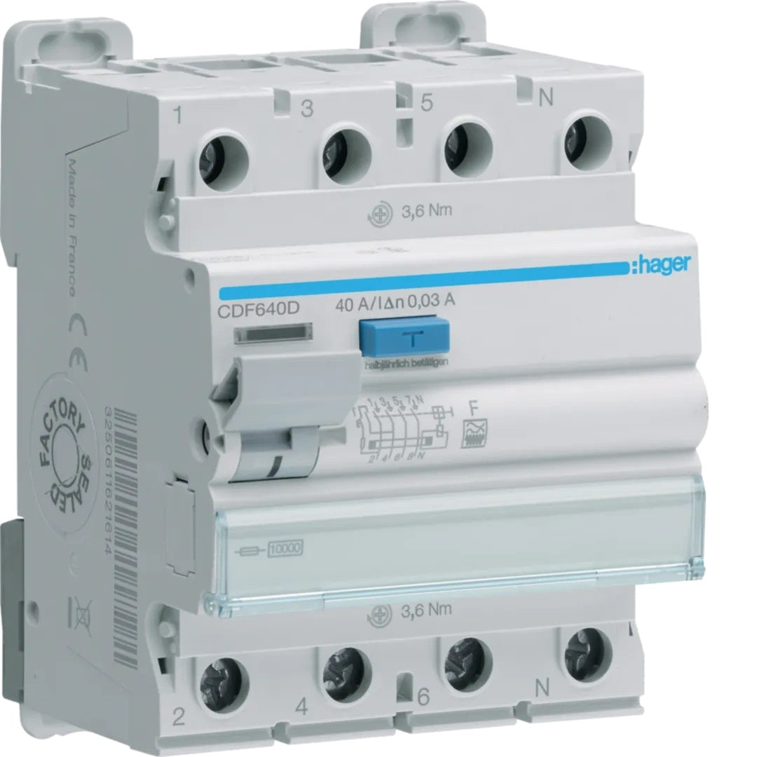 HAGER CDF640D FI-Schutzschalter 4P 10kA 40A 30mA TypF (CDF640D) - 3250611621614 - afbeelding 1